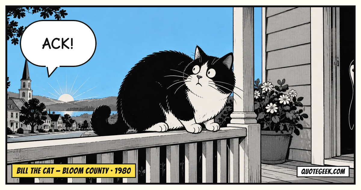 “Ack!” — Bill the Cat · Bloom County. Illustrated QuoteGeek card.
