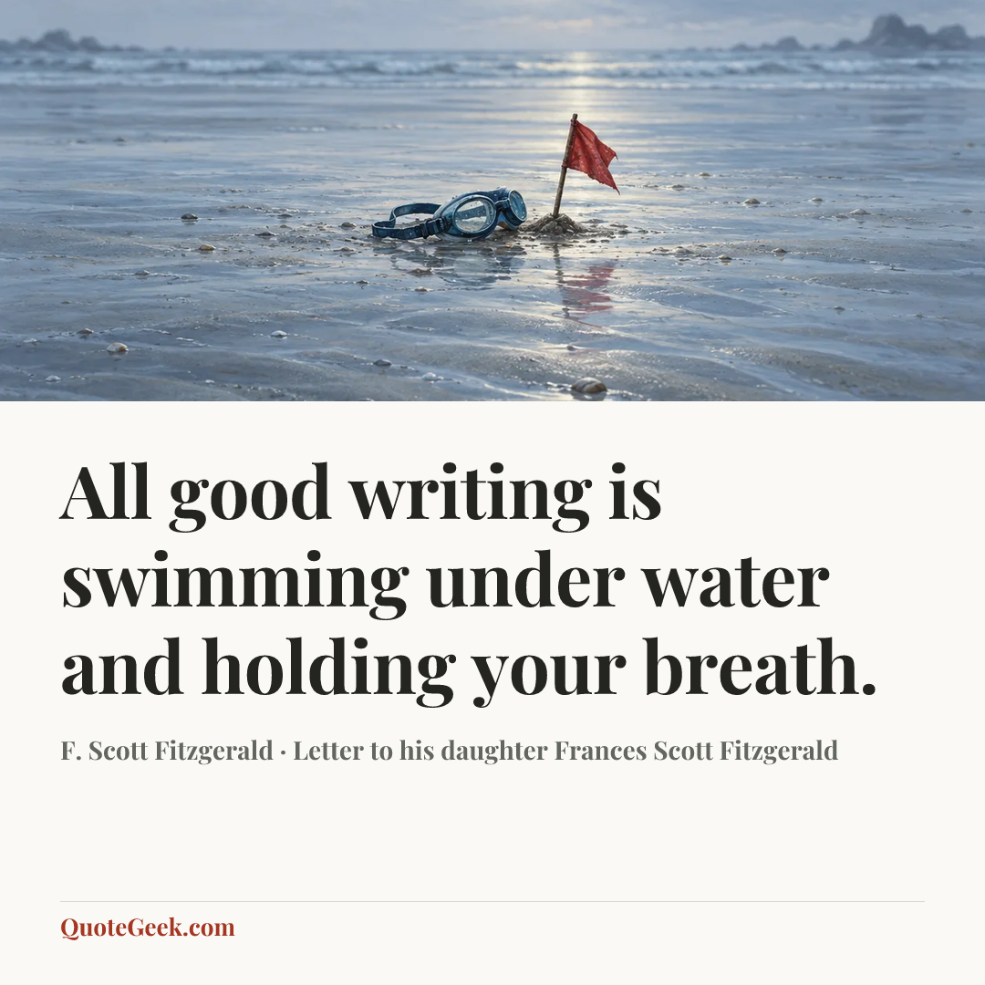 “All good writing is swimming under water and holding your breath.” — F. Scott Fitzgerald · Letter to his daughter Frances Scott Fitzgerald. Illustrated QuoteGeek card.