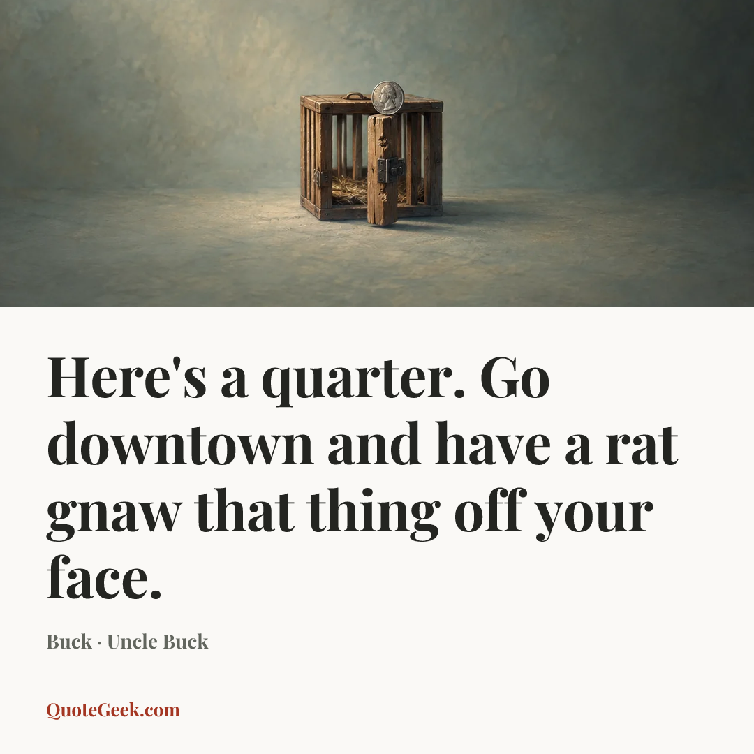 “Here's a quarter. Go downtown and have a rat gnaw that thing off your face.” — Buck · Uncle Buck. Illustrated QuoteGeek card.