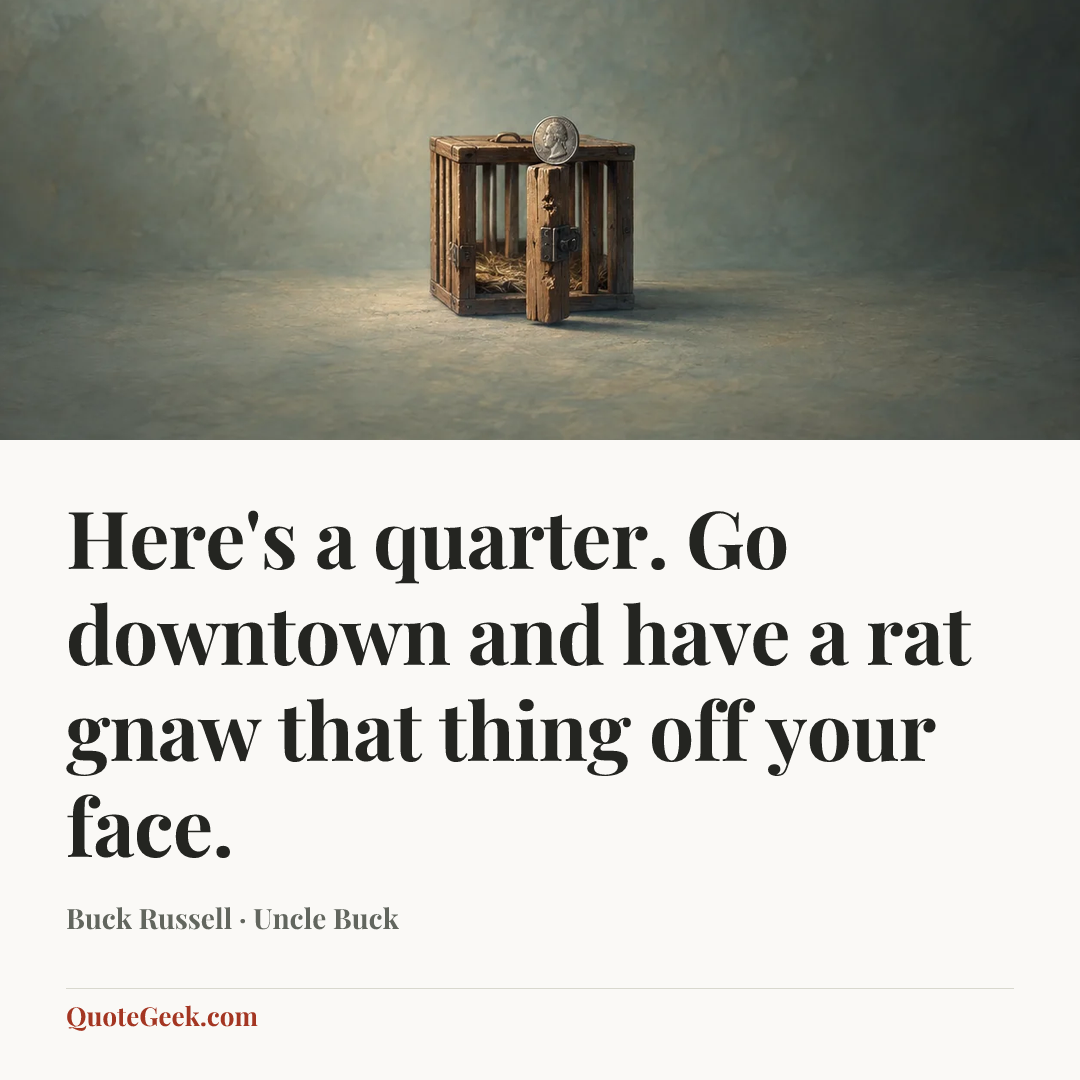 “Here's a quarter. Go downtown and have a rat gnaw that thing off your face.” — Buck Russell · Uncle Buck. Illustrated QuoteGeek card.