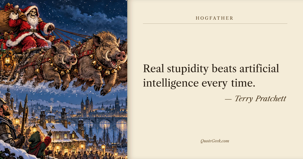 “Real stupidity beats artificial intelligence every time.” — Terry Pratchett · Hogfather. Illustrated QuoteGeek card.