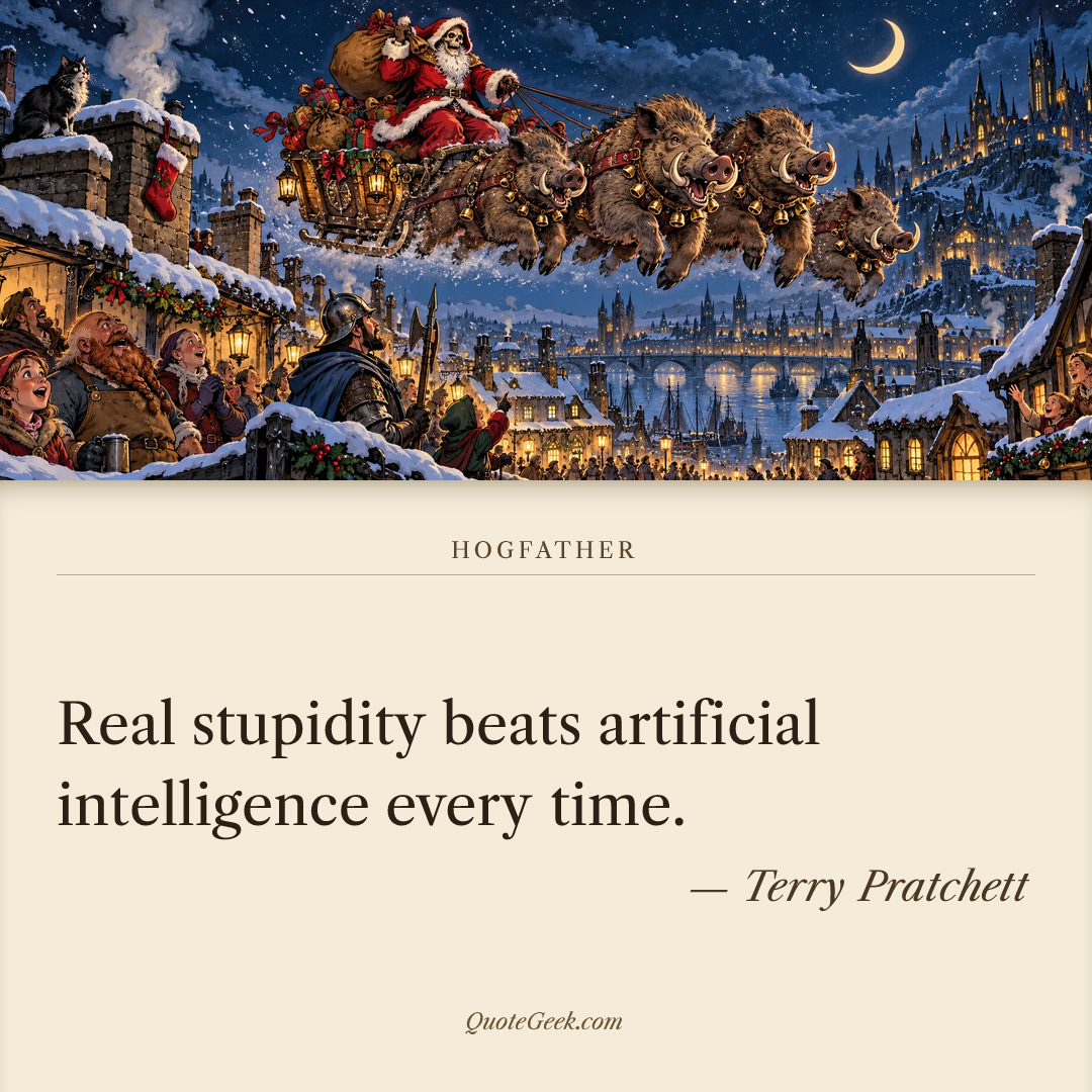 “Real stupidity beats artificial intelligence every time.” — Terry Pratchett · Hogfather. Illustrated QuoteGeek card.