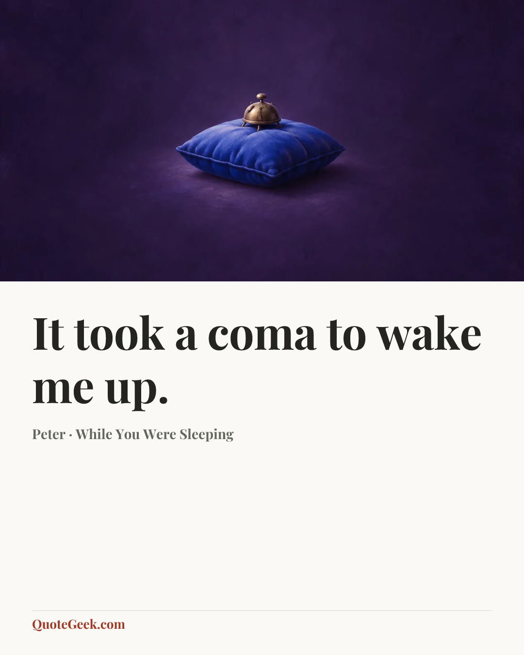 “It took a coma to wake me up.” — Peter · While You Were Sleeping. Illustrated QuoteGeek card.