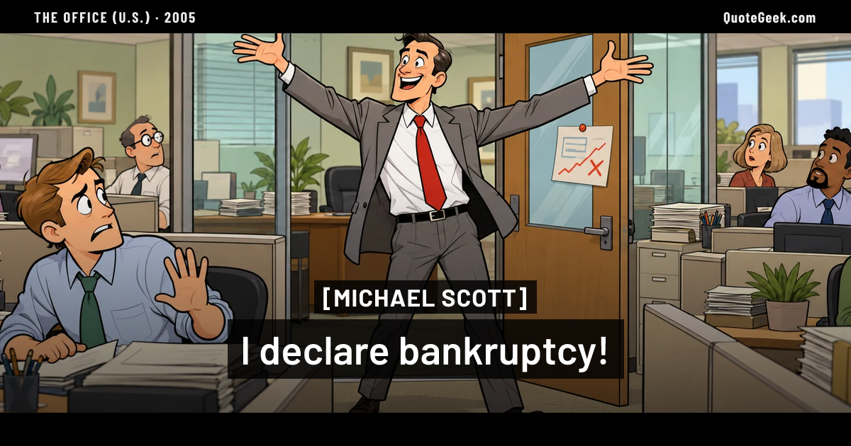 “I declare bankruptcy!” — Michael Scott · The Office (U.S.). Illustrated QuoteGeek card.