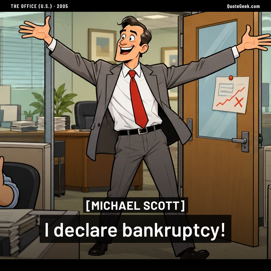 “I declare bankruptcy!” — Michael Scott · The Office (U.S.). Illustrated QuoteGeek card.
