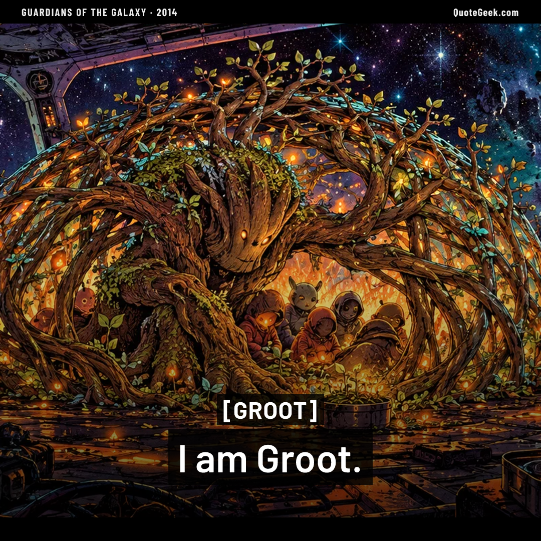 “I am Groot.” — Groot · Guardians of the Galaxy. Illustrated QuoteGeek card.