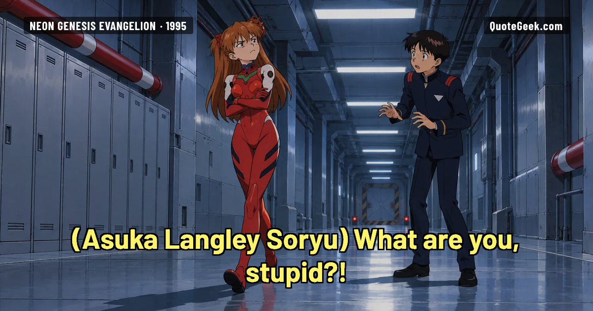 “What are you, stupid?!” — Asuka Langley Soryu · Neon Genesis Evangelion. Illustrated QuoteGeek card.