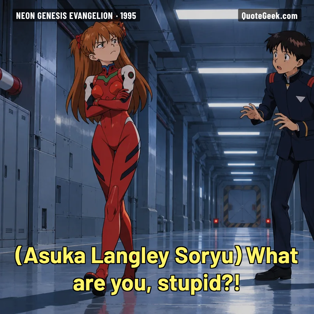 “What are you, stupid?!” — Asuka Langley Soryu · Neon Genesis Evangelion. Illustrated QuoteGeek card.