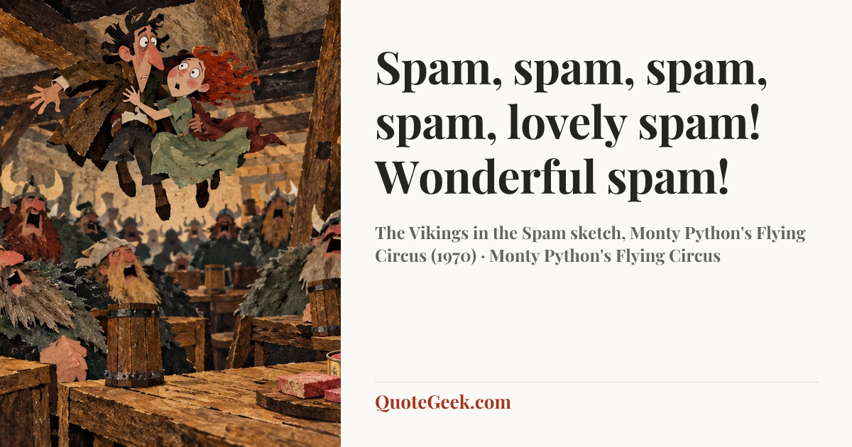 “Spam, spam, spam, spam, lovely spam! Wonderful spam!” — The Vikings in the Spam sketch, Monty Python's Flying Circus (1970) · Monty Python's Flying Circus. Illustrated QuoteGeek card.