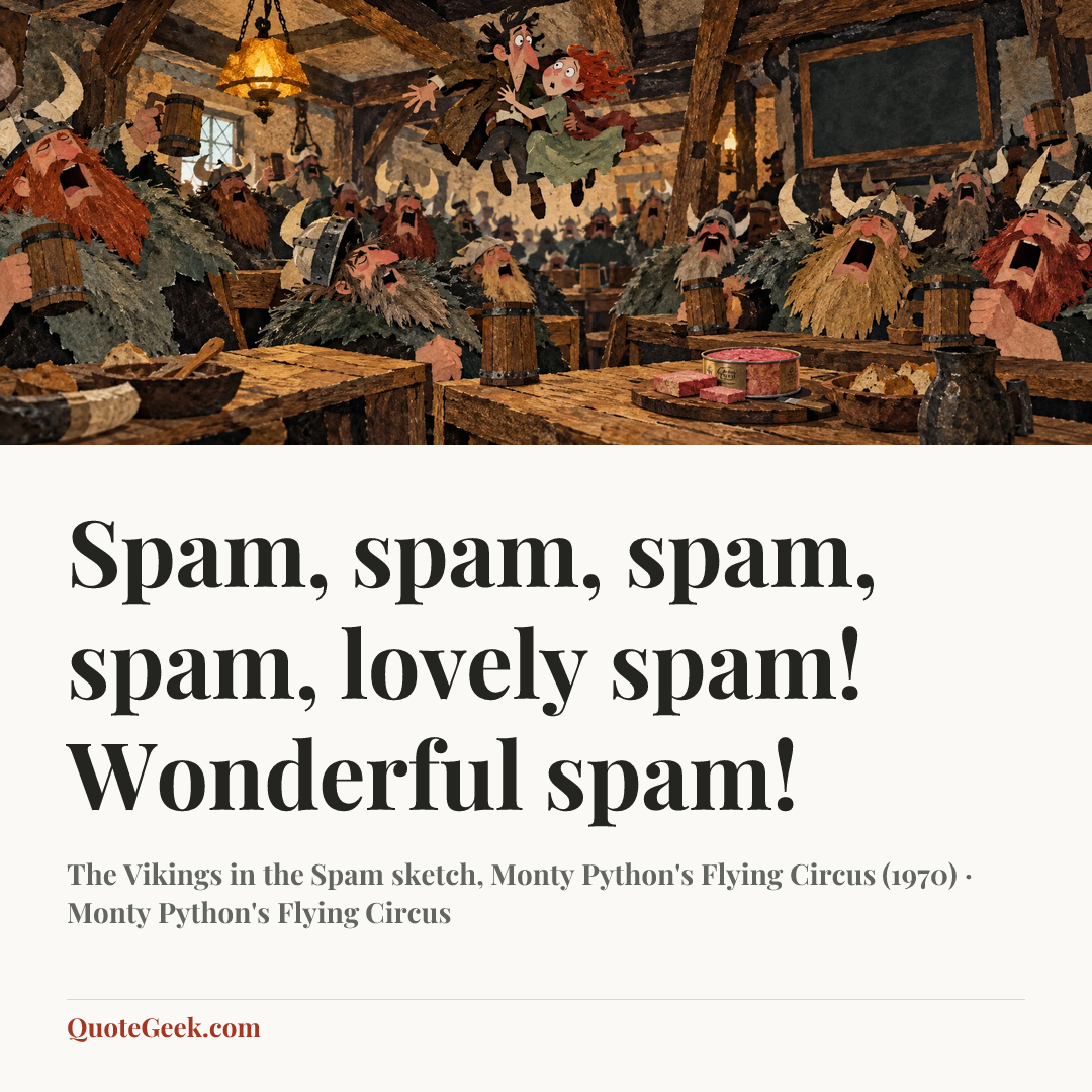 “Spam, spam, spam, spam, lovely spam! Wonderful spam!” — The Vikings in the Spam sketch, Monty Python's Flying Circus (1970) · Monty Python's Flying Circus. Illustrated QuoteGeek card.