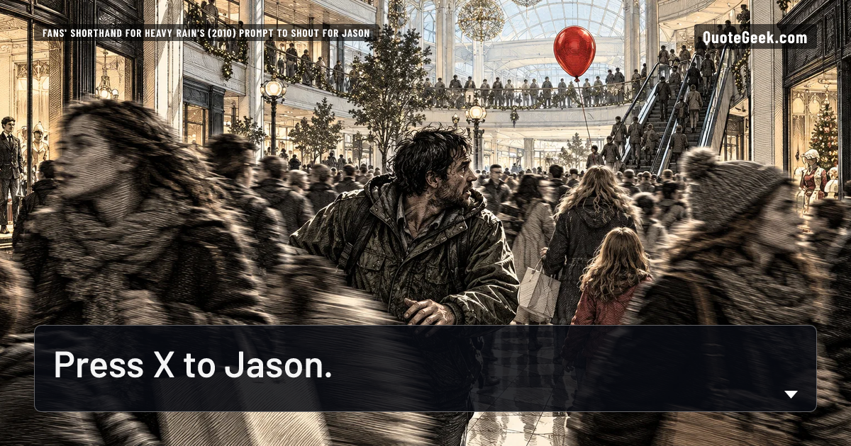 “Press X to Jason.” — Fans' shorthand for Heavy Rain's (2010) prompt to shout for Jason · Heavy Rain. Illustrated QuoteGeek card.