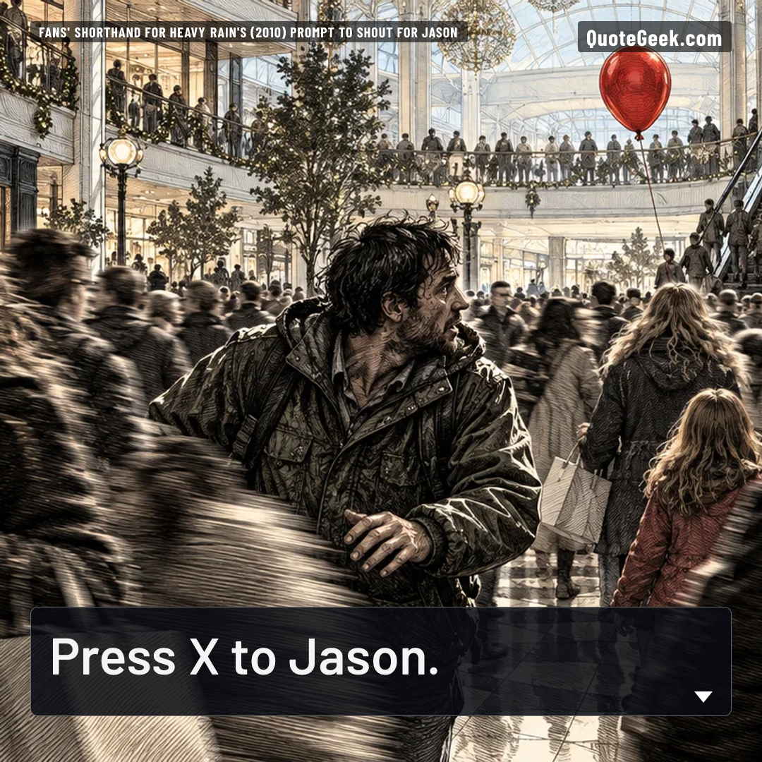 “Press X to Jason.” — Fans' shorthand for Heavy Rain's (2010) prompt to shout for Jason · Heavy Rain. Illustrated QuoteGeek card.