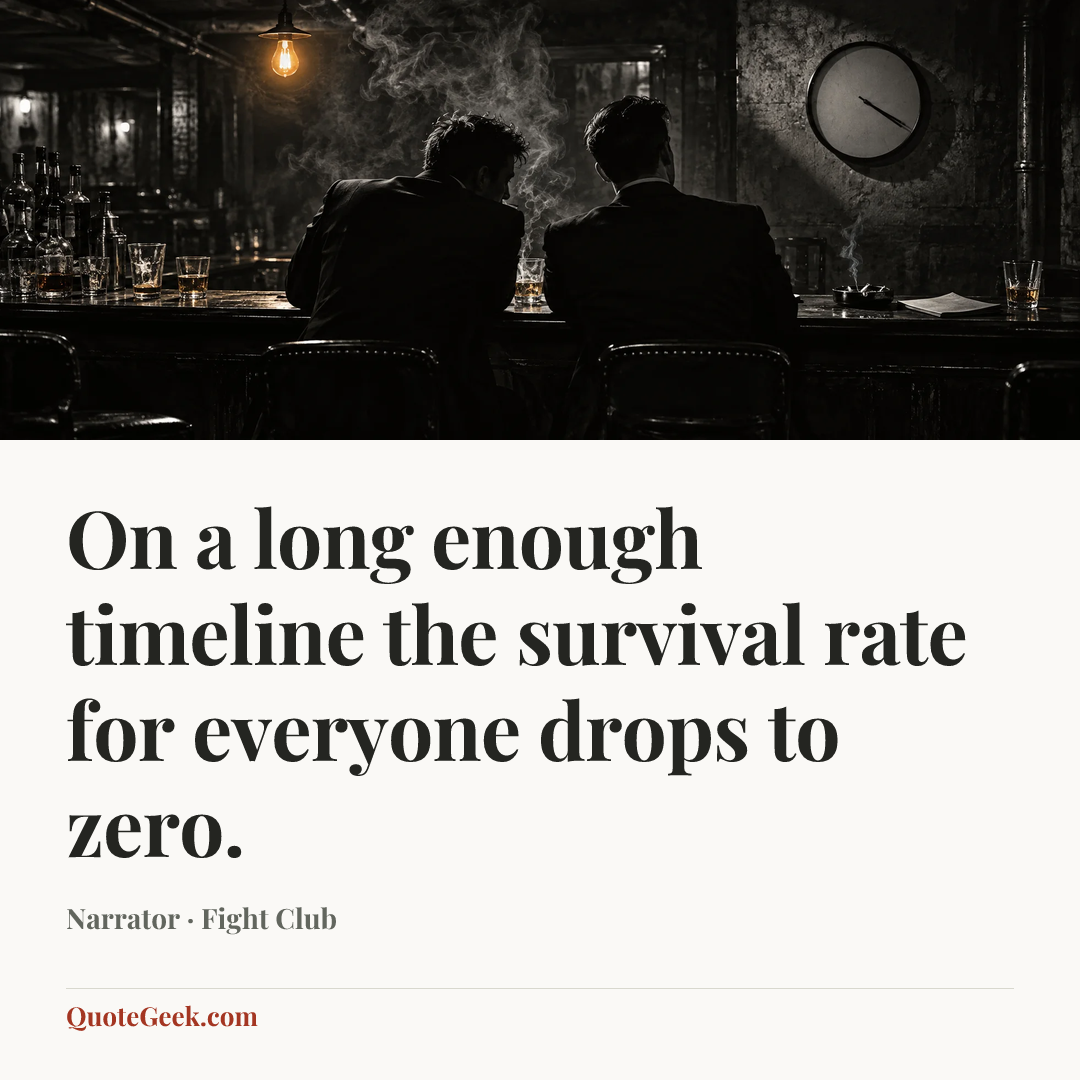 “On a long enough timeline the survival rate for everyone drops to zero.” — Narrator · Fight Club. Illustrated QuoteGeek card.