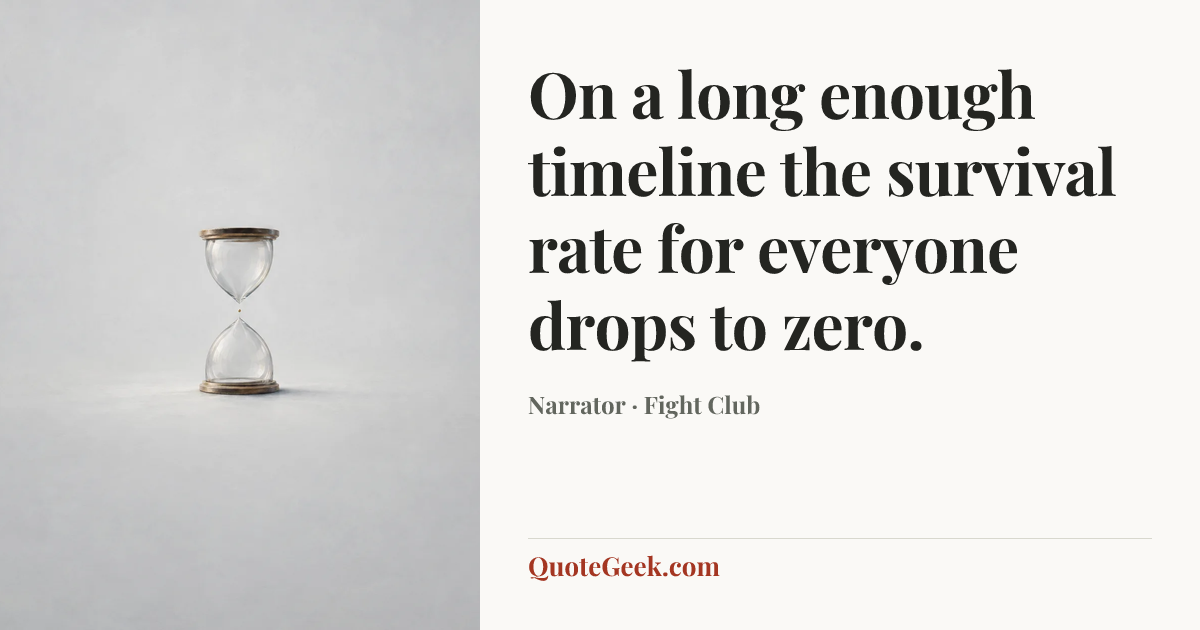 “On a long enough timeline the survival rate for everyone drops to zero.” — Narrator · Fight Club. Illustrated QuoteGeek card.