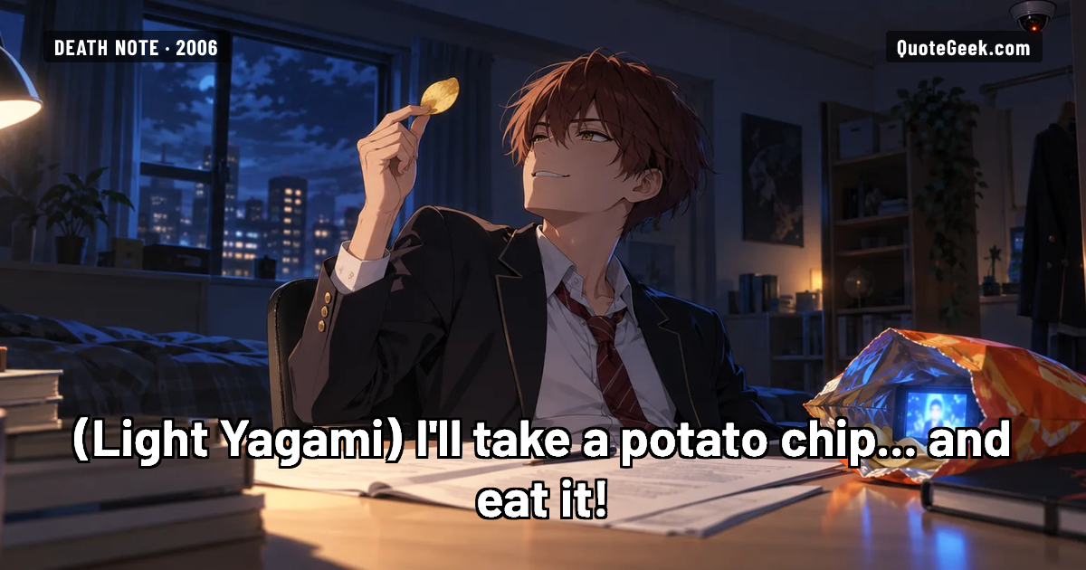 “I'll take a potato chip... and eat it!” — Light Yagami · Death Note. Illustrated QuoteGeek card.