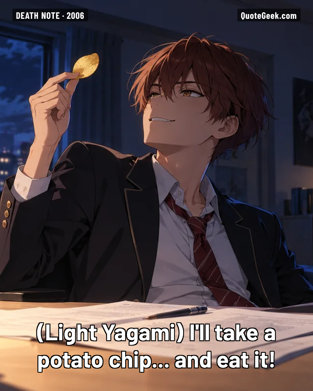 “I'll take a potato chip... and eat it!” — Light Yagami · Death Note. Illustrated QuoteGeek card.