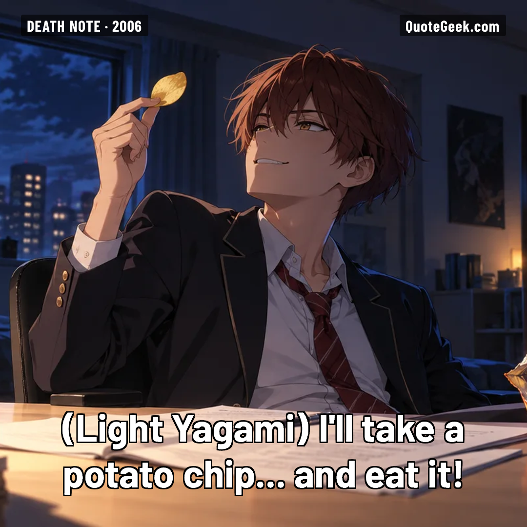 “I'll take a potato chip... and eat it!” — Light Yagami · Death Note. Illustrated QuoteGeek card.