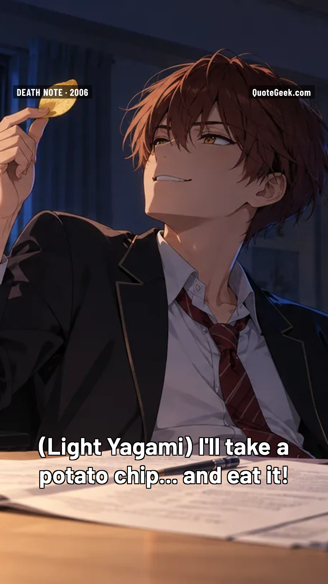 “I'll take a potato chip... and eat it!” — Light Yagami · Death Note. Illustrated QuoteGeek card.