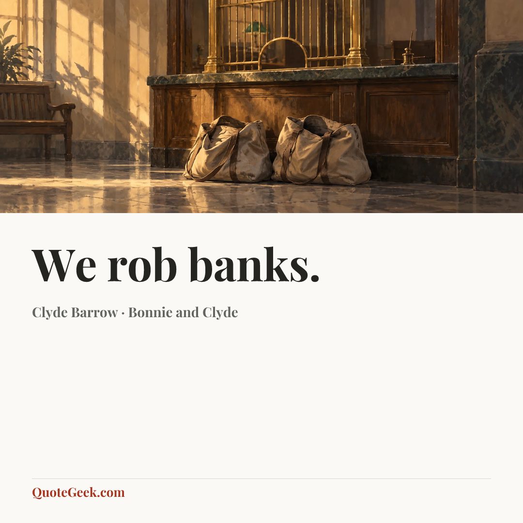 “We rob banks.” — Clyde Barrow · Bonnie and Clyde. Illustrated QuoteGeek card.