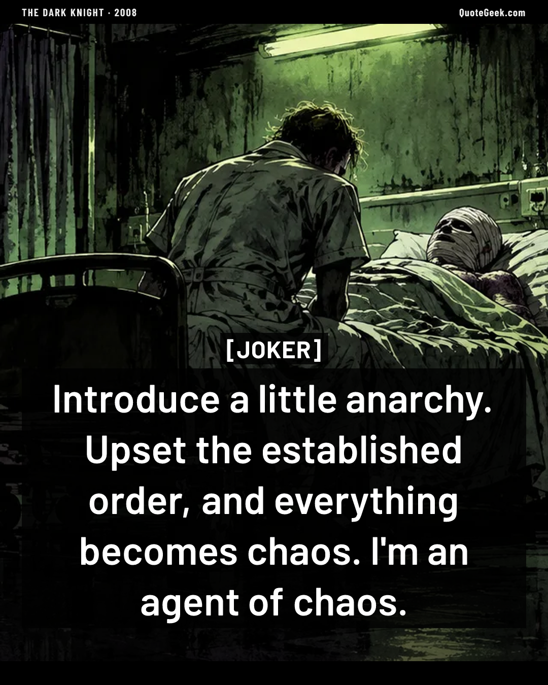 “Introduce a little anarchy. Upset the established order, and everything becomes chaos. I'm an agent of chaos.” — Joker · The Dark Knight. Illustrated QuoteGeek card.
