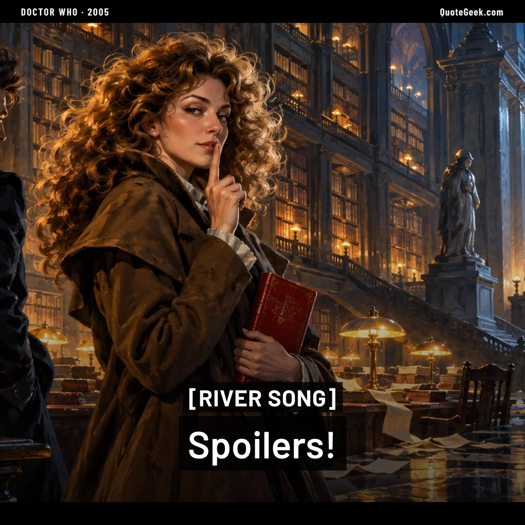 “Spoilers!” — River Song · Doctor Who. Illustrated QuoteGeek card.