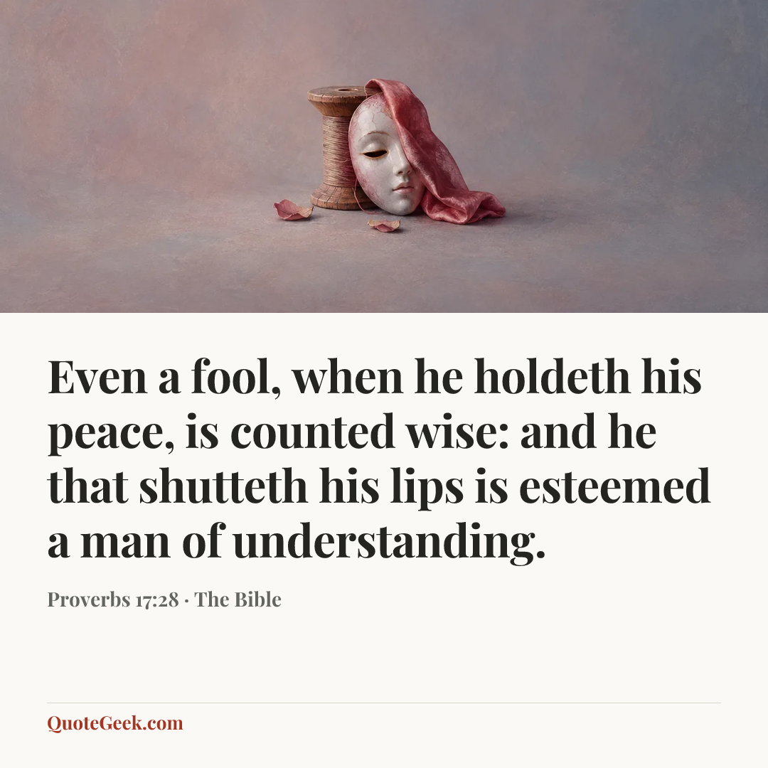 “Even a fool, when he holdeth his peace, is counted wise:
and he that shutteth his lips is esteemed a man of understanding.” — Proverbs 17:28 · The Bible. Illustrated QuoteGeek card.