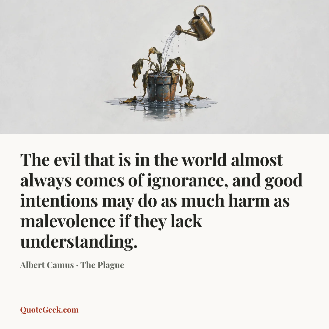 “The evil that is in the world almost always comes of ignorance, and good intentions may do as much harm as malevolence if they lack understanding.” — Albert Camus · The Plague. Illustrated QuoteGeek card.