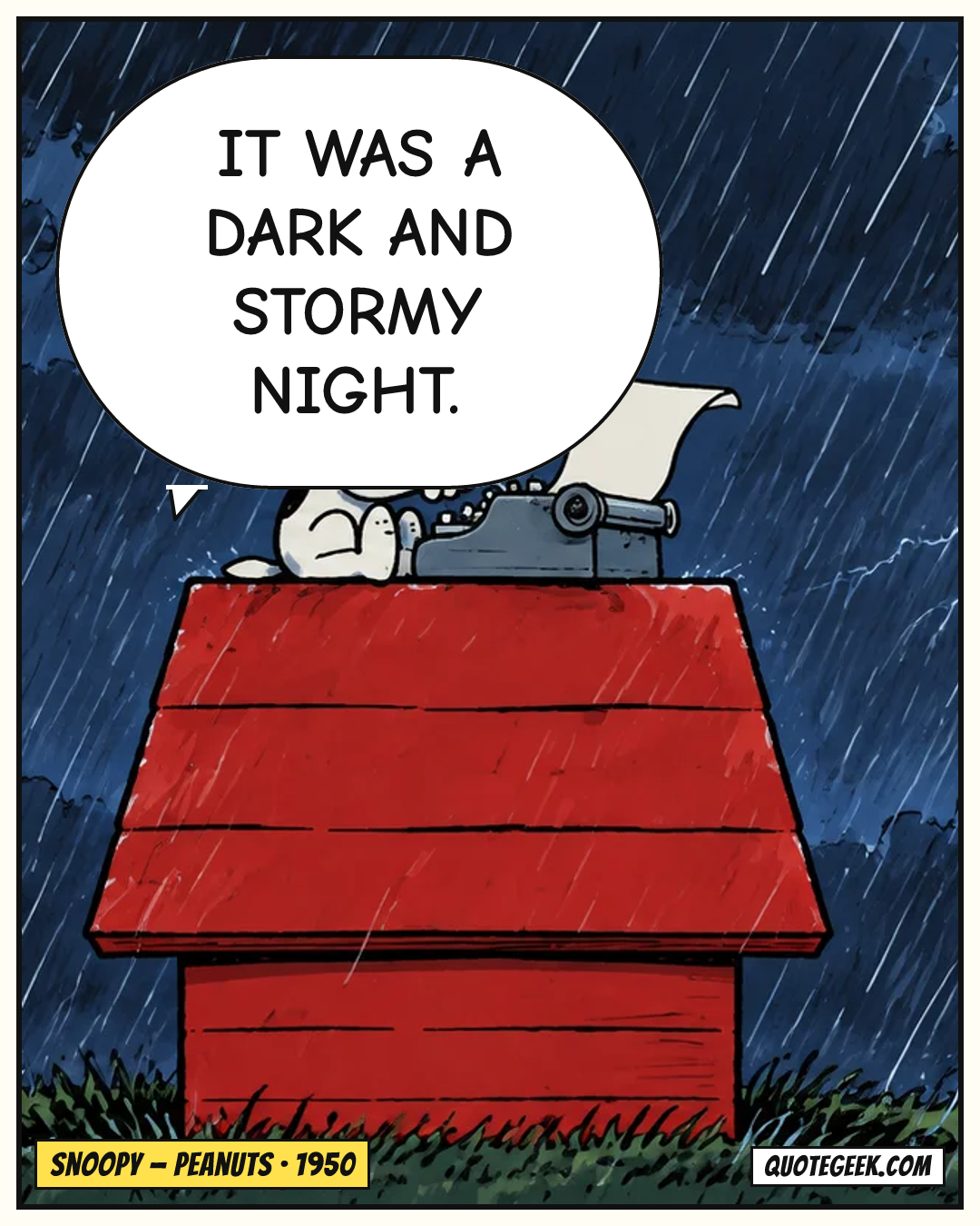 “It was a dark and stormy night.” — Snoopy · Peanuts. Illustrated QuoteGeek card.