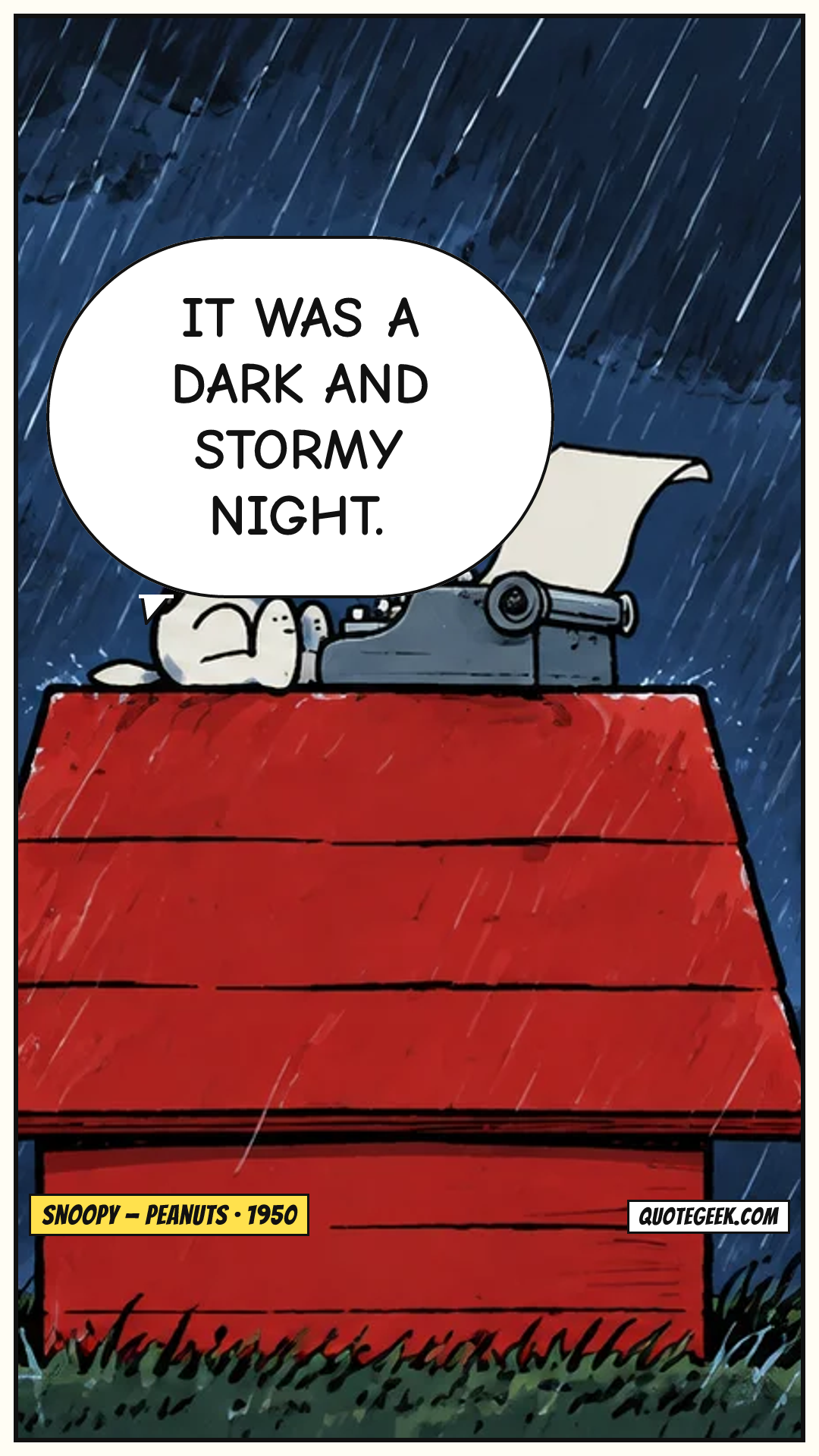 “It was a dark and stormy night.” — Snoopy · Peanuts. Illustrated QuoteGeek card.