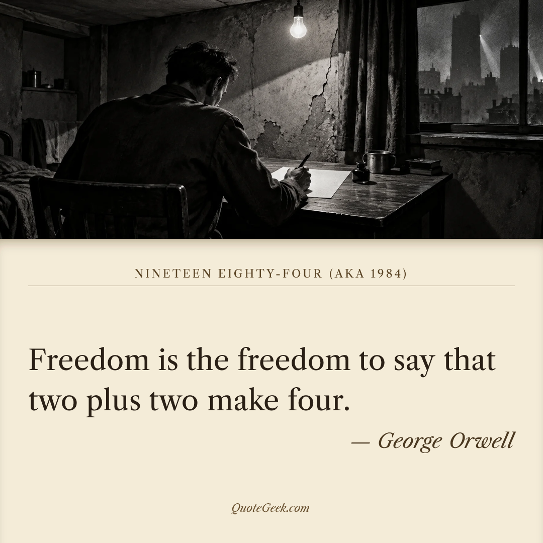 “Freedom is the freedom to say that two plus two make four.” — George Orwell · Nineteen Eighty-Four (aka 1984). Illustrated QuoteGeek card.