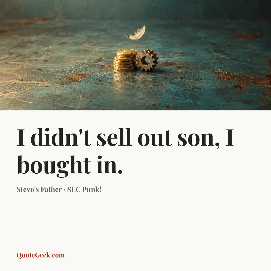“I didn't sell out son, I bought in.” — Stevo's Father · SLC Punk!. Illustrated QuoteGeek card.