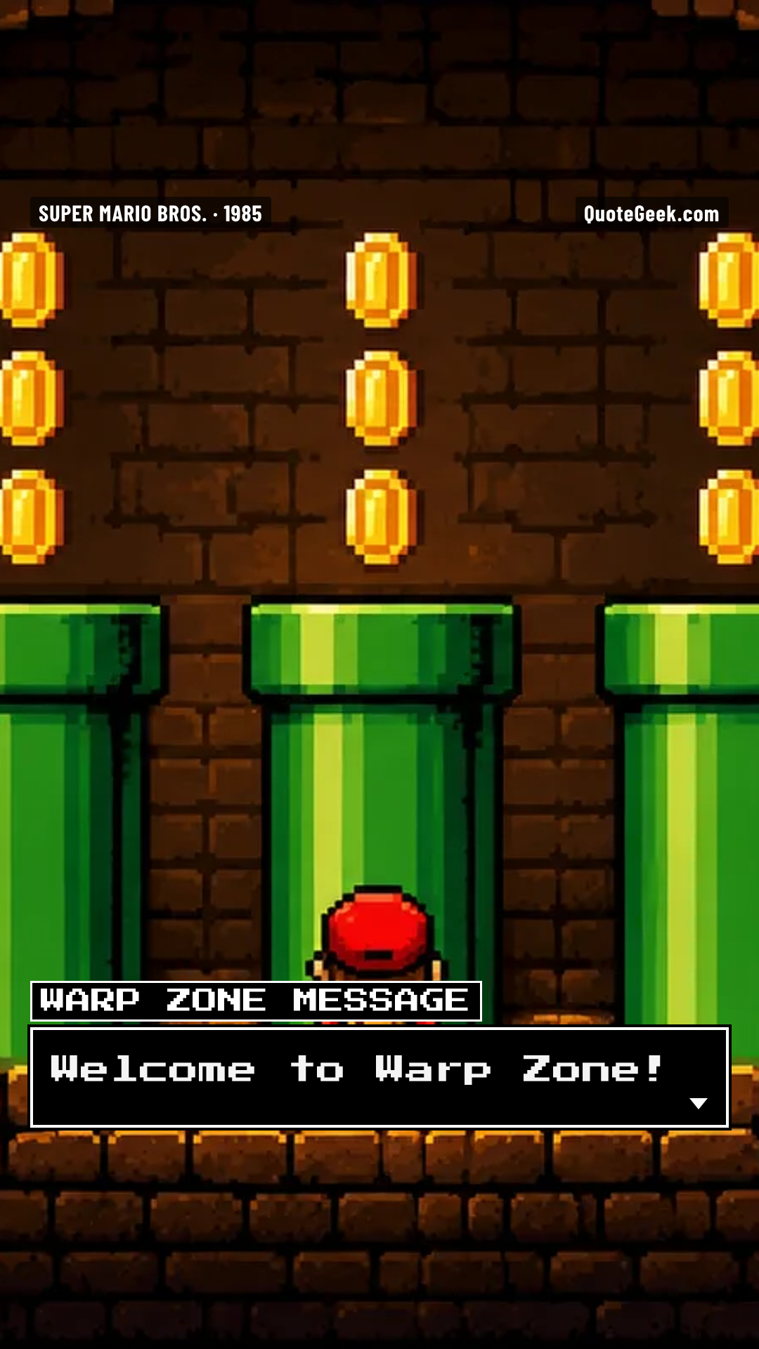“Welcome to Warp Zone!” — Warp Zone message · Super Mario Bros.. Illustrated QuoteGeek card.