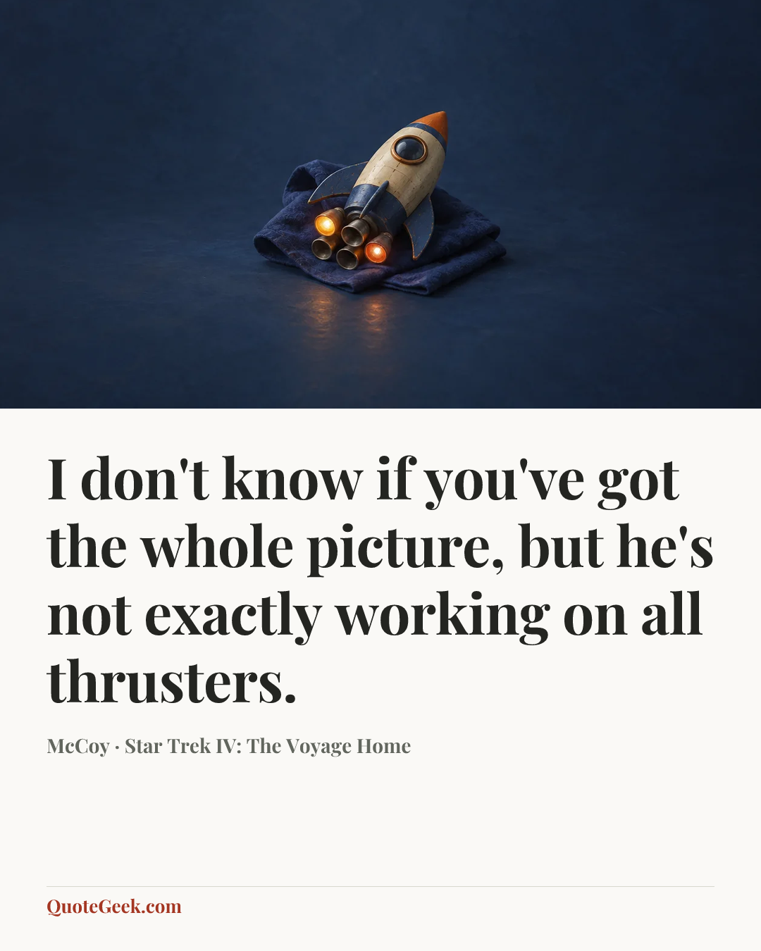“I don't know if you've got the whole picture, but he's not exactly working on all thrusters.” — McCoy · Star Trek IV: The Voyage Home. Illustrated QuoteGeek card.