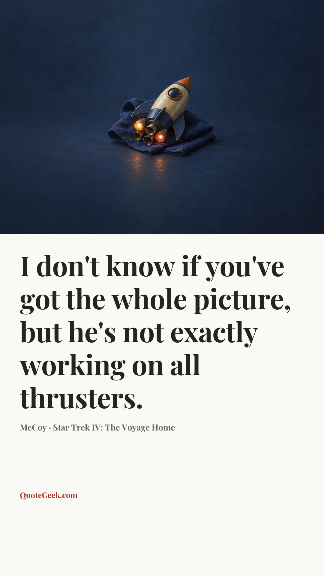 “I don't know if you've got the whole picture, but he's not exactly working on all thrusters.” — McCoy · Star Trek IV: The Voyage Home. Illustrated QuoteGeek card.
