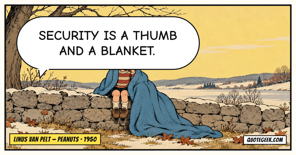“Security is a thumb and a blanket.” — Linus van Pelt · Peanuts. Illustrated QuoteGeek card.