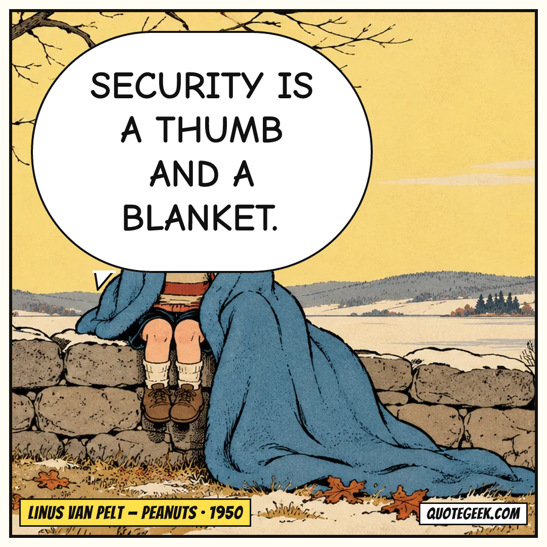 “Security is a thumb and a blanket.” — Linus van Pelt · Peanuts. Illustrated QuoteGeek card.