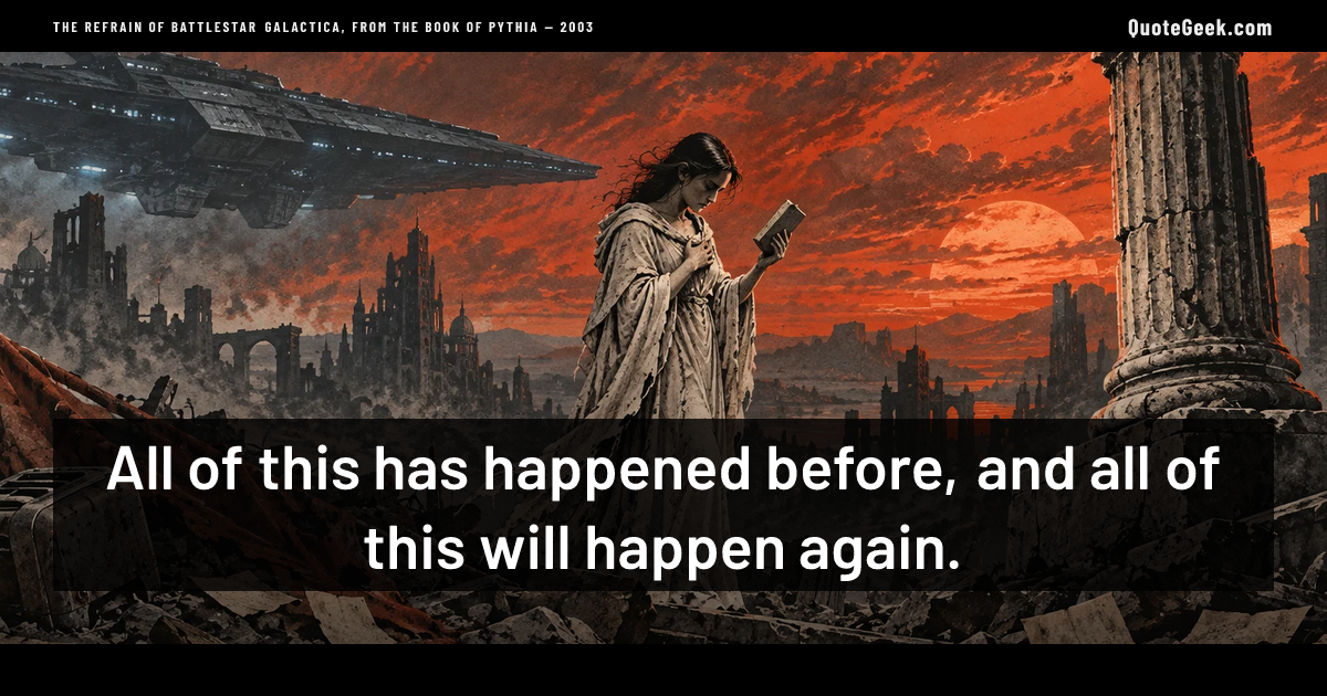 “All of this has happened before, and all of this will happen again.” — The refrain of Battlestar Galactica, from the Book of Pythia · Battlestar Galactica. Illustrated QuoteGeek card.
