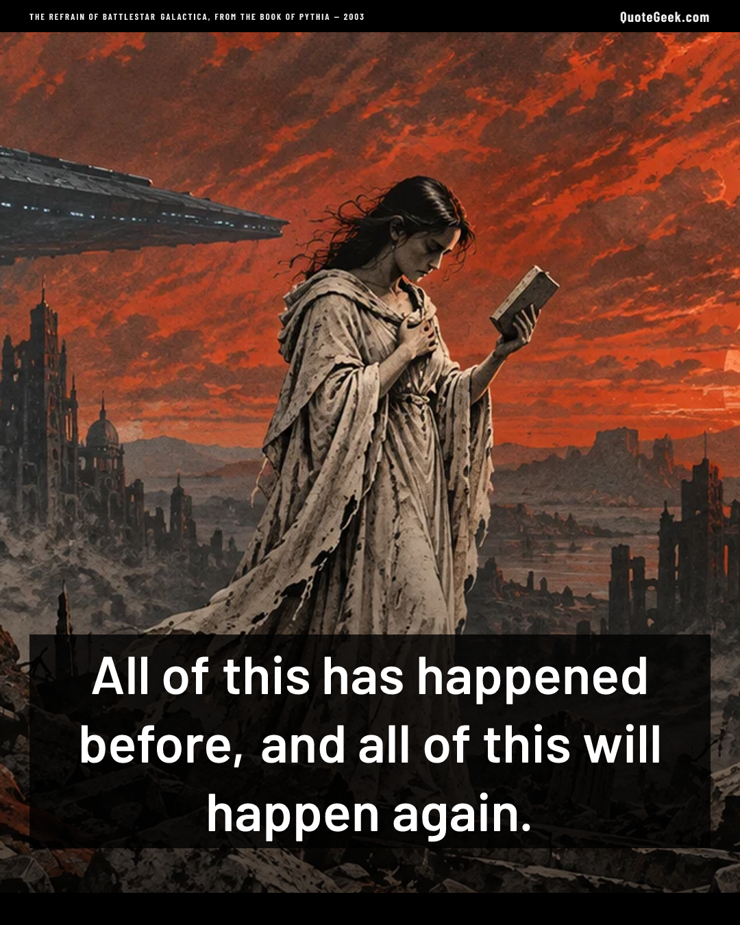 “All of this has happened before, and all of this will happen again.” — The refrain of Battlestar Galactica, from the Book of Pythia · Battlestar Galactica. Illustrated QuoteGeek card.