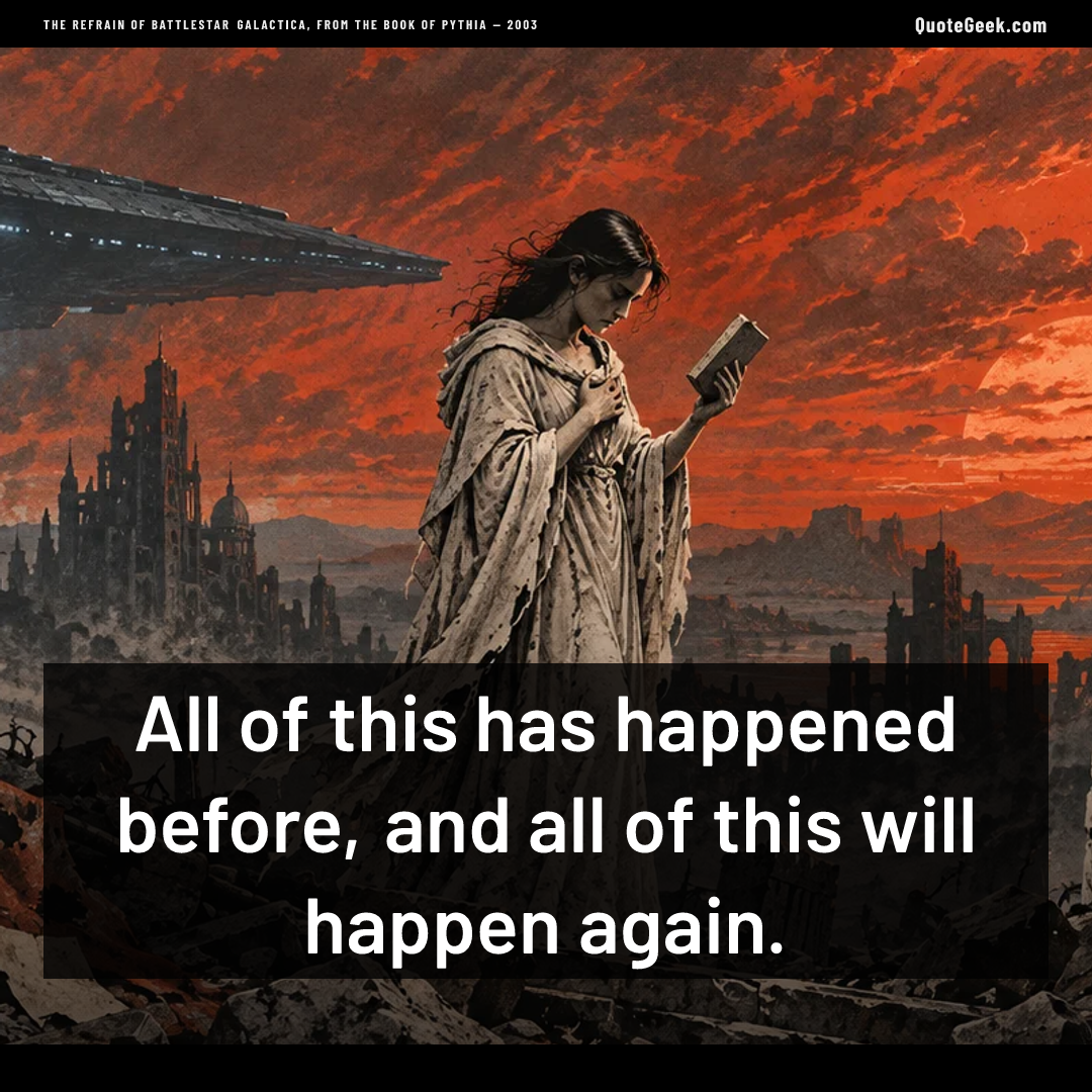 “All of this has happened before, and all of this will happen again.” — The refrain of Battlestar Galactica, from the Book of Pythia · Battlestar Galactica. Illustrated QuoteGeek card.