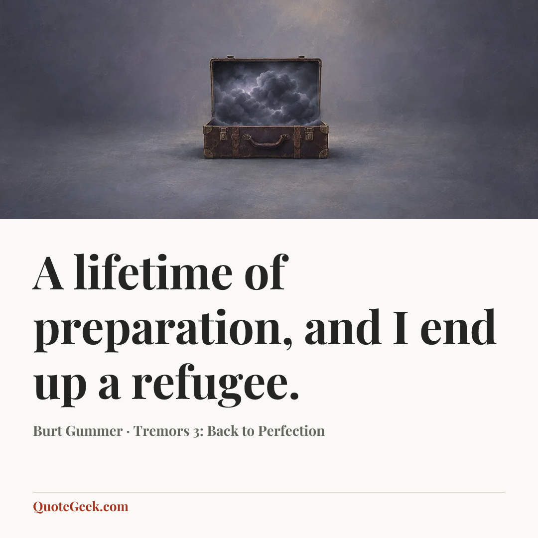 “A lifetime of preparation, and I end up a refugee.” — Burt Gummer · Tremors 3: Back to Perfection. Illustrated QuoteGeek card.