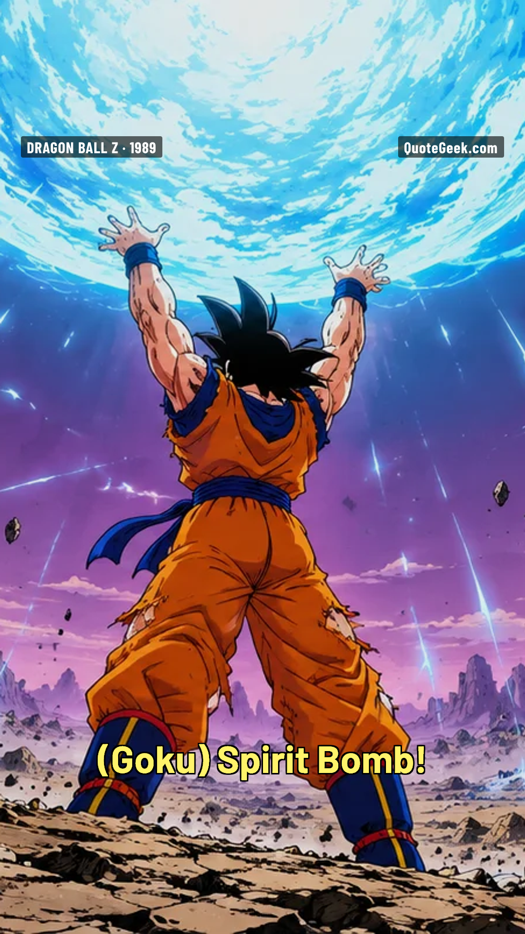 “Spirit Bomb!” — Goku · Dragon Ball Z. Illustrated QuoteGeek card.