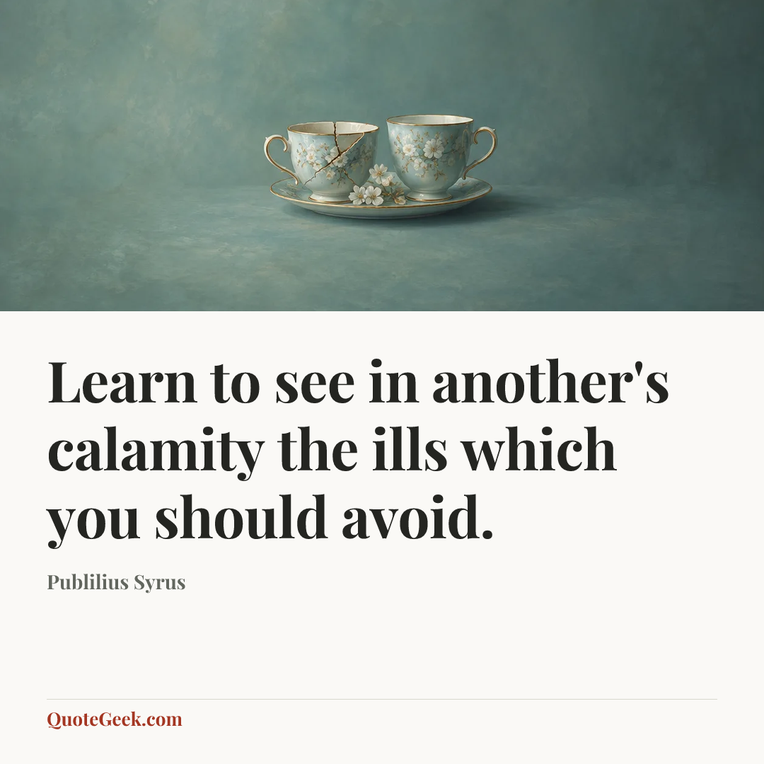 “Learn to see in another's calamity the ills which you should avoid.” — Publilius Syrus. Illustrated QuoteGeek card.