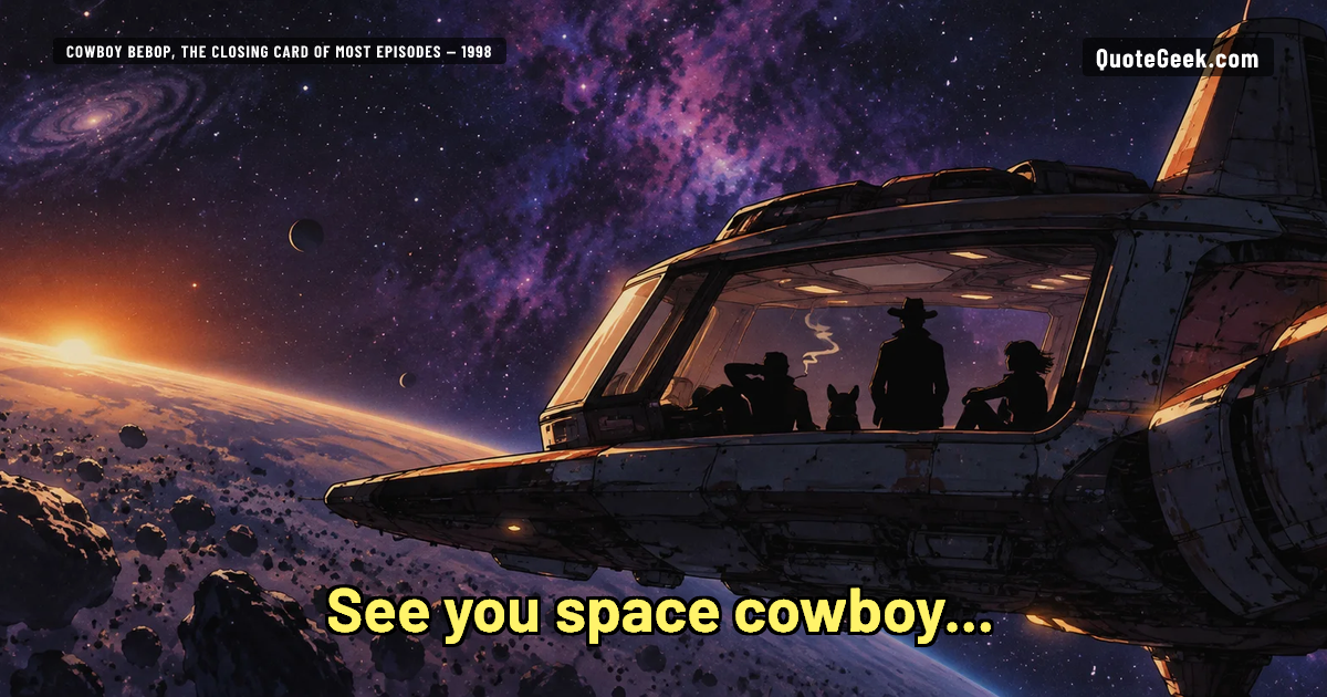 “See you space cowboy...” — Cowboy Bebop, the closing card of most episodes · Cowboy Bebop. Illustrated QuoteGeek card.