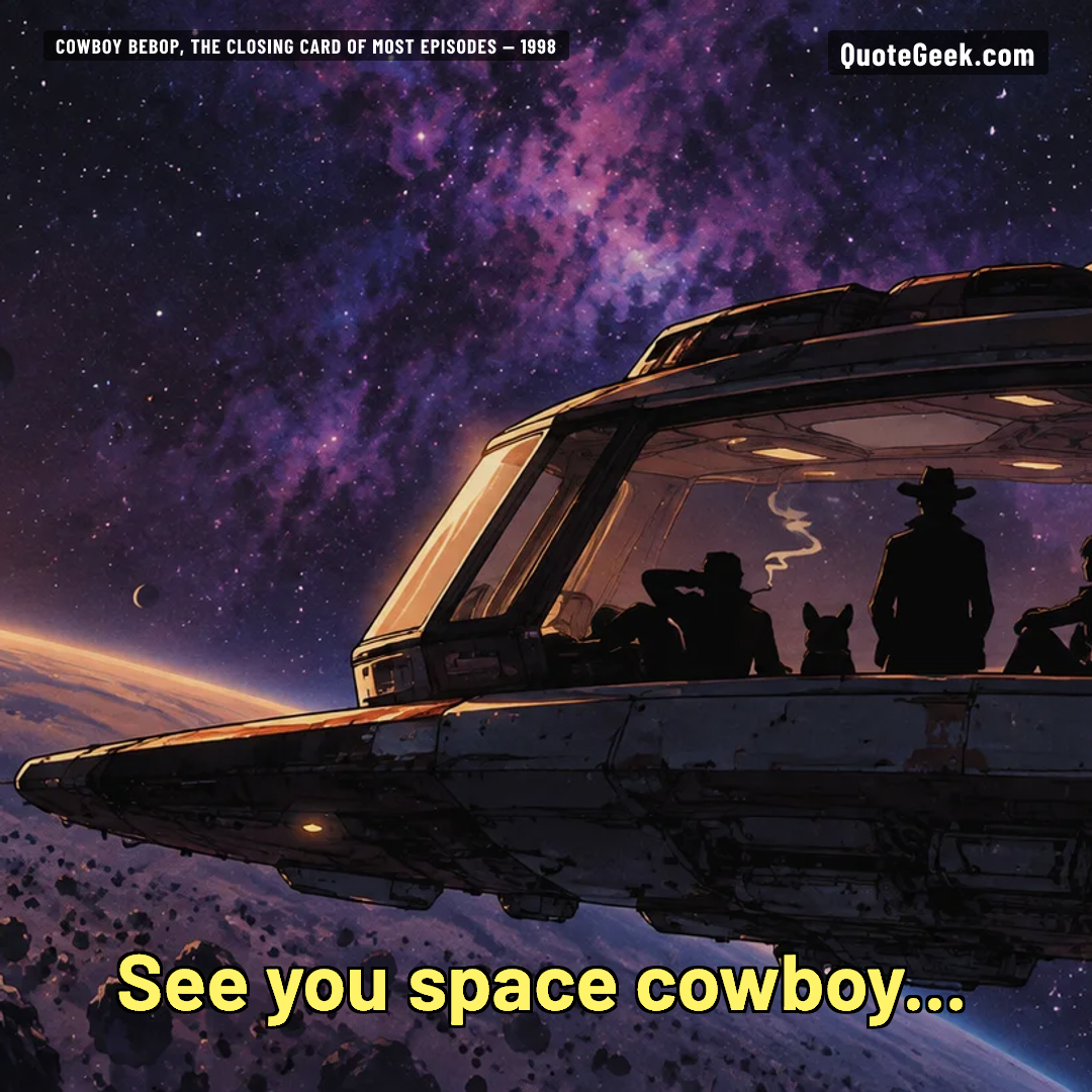 “See you space cowboy...” — Cowboy Bebop, the closing card of most episodes · Cowboy Bebop. Illustrated QuoteGeek card.