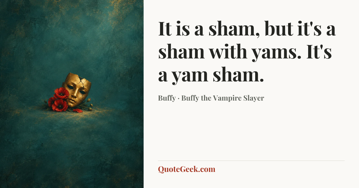 “It is a sham, but it's a sham with yams. It's a yam sham.” — Buffy · Buffy the Vampire Slayer. Illustrated QuoteGeek card.
