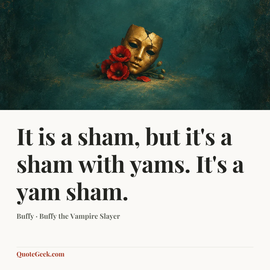 “It is a sham, but it's a sham with yams. It's a yam sham.” — Buffy · Buffy the Vampire Slayer. Illustrated QuoteGeek card.
