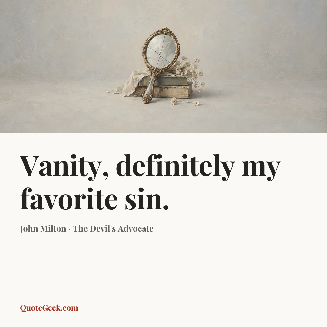 “Vanity, definitely my favorite sin.” — John Milton · The Devil's Advocate. Illustrated QuoteGeek card.