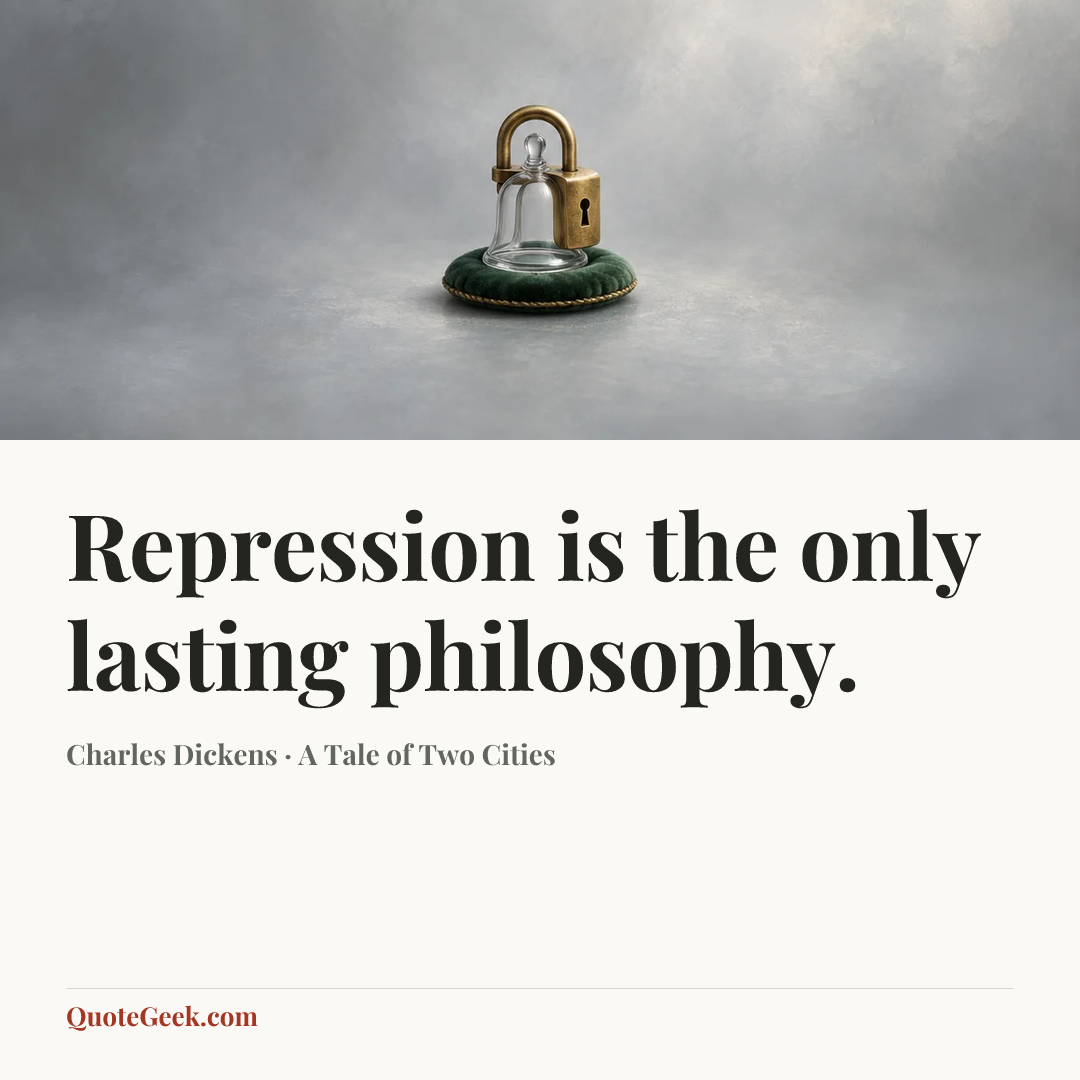 “Repression is the only lasting philosophy.” — Charles Dickens · A Tale of Two Cities. Illustrated QuoteGeek card.