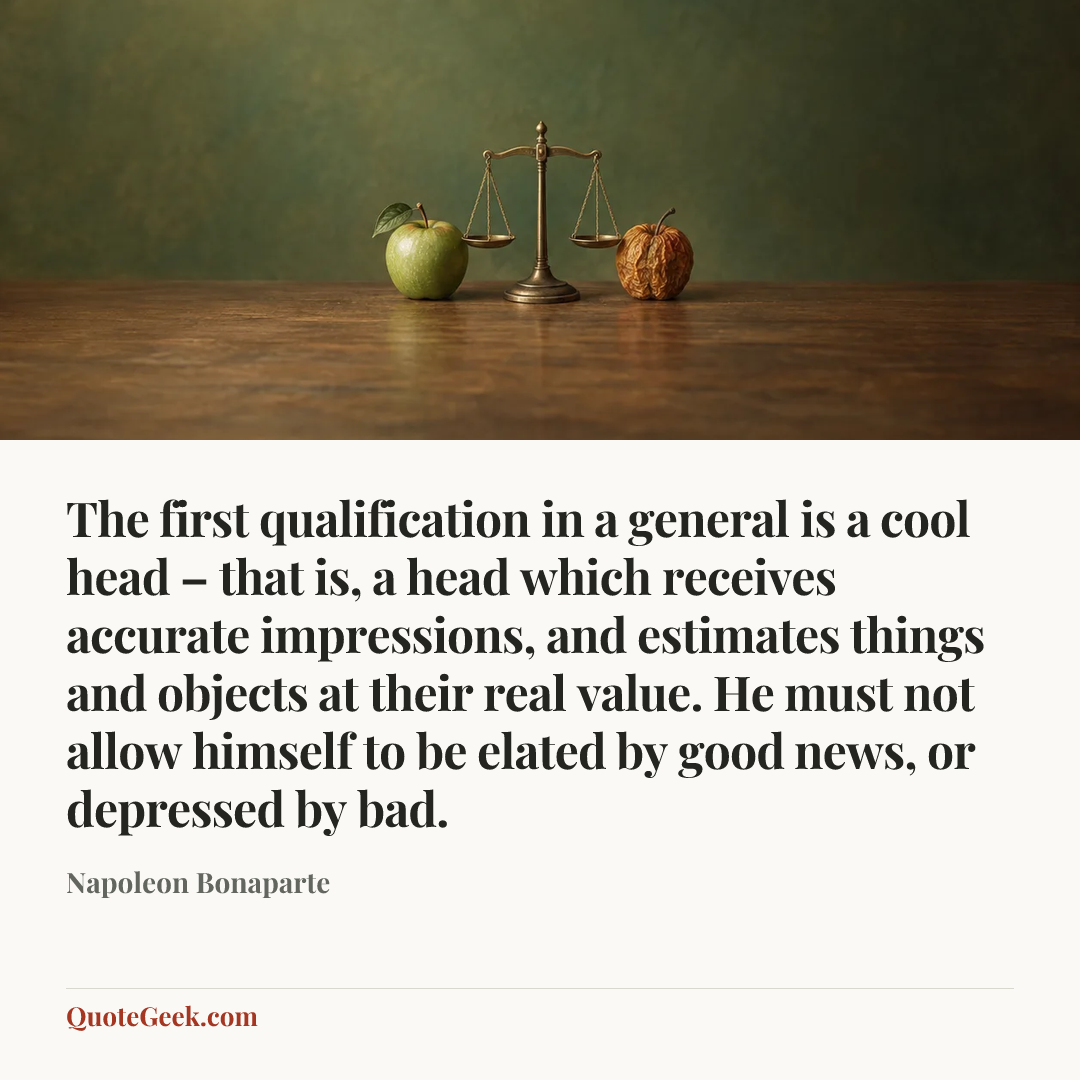 “The first qualification in a general is a cool head – that is, a head which receives accurate impressions, and estimates things and objects at their real value. He must not allow himself to be elated by good news, or depressed by bad.” — Napoleon Bonaparte. Illustrated QuoteGeek card.