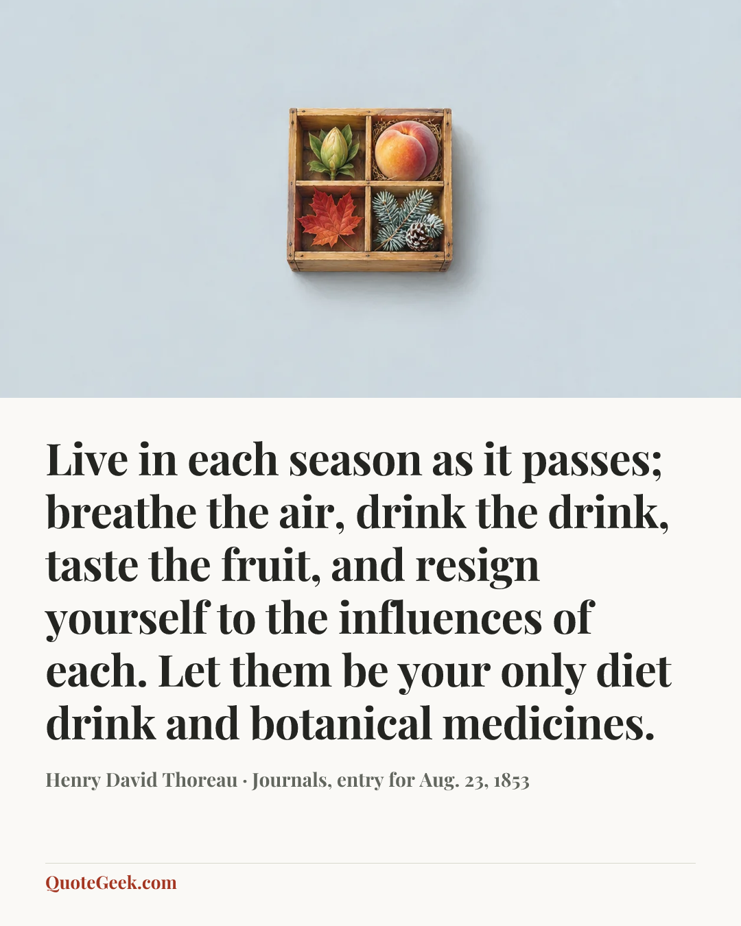 “Live in each season as it passes; breathe the air, drink the drink, taste the fruit, and resign yourself to the influences of each. Let them be your only diet drink and botanical medicines.” — Henry David Thoreau · Journals, entry for Aug. 23, 1853. Illustrated QuoteGeek card.
